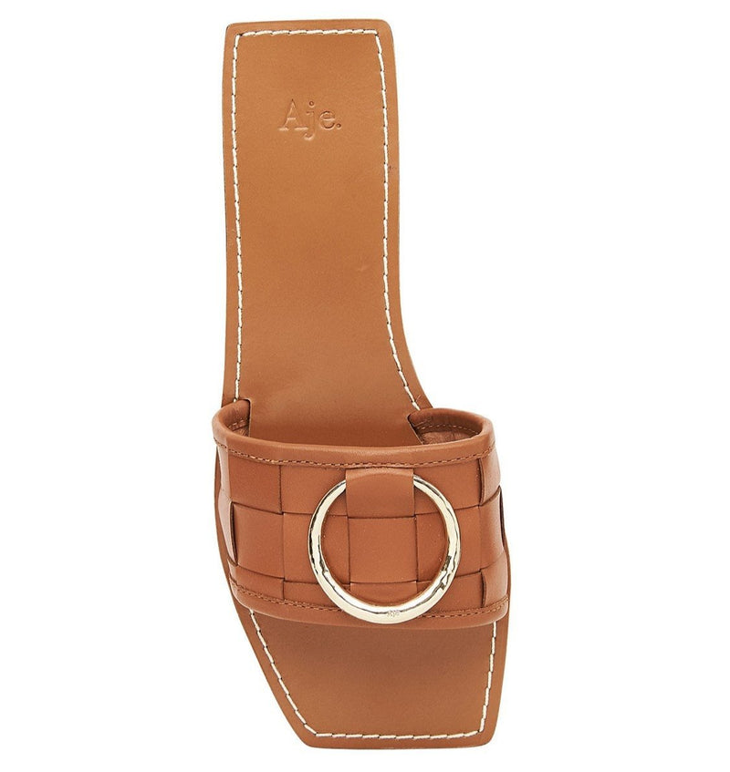 AJE Woven Tan Leather Slides Sandals