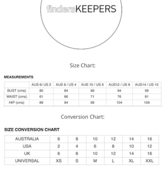 Finders Keepers Sizing chart Refind Preloved