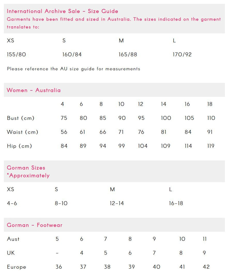    Gorman size chart