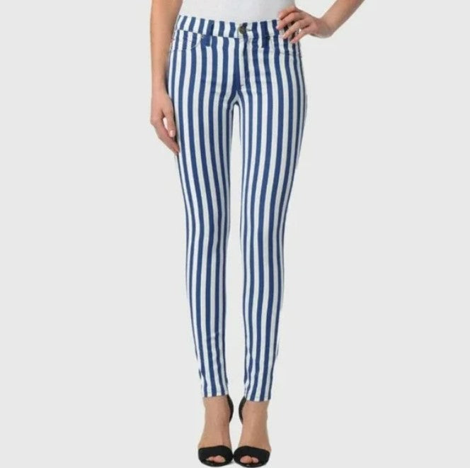 Hudson Nico Mid Rise Super Skinny Jeans Navy White Ladder Striped