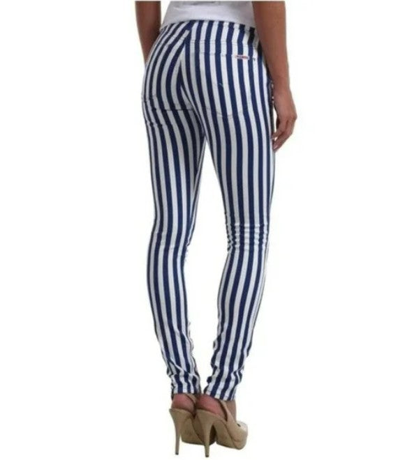 Hudson Nico Mid Rise Super Skinny Jeans Navy White Ladder Striped