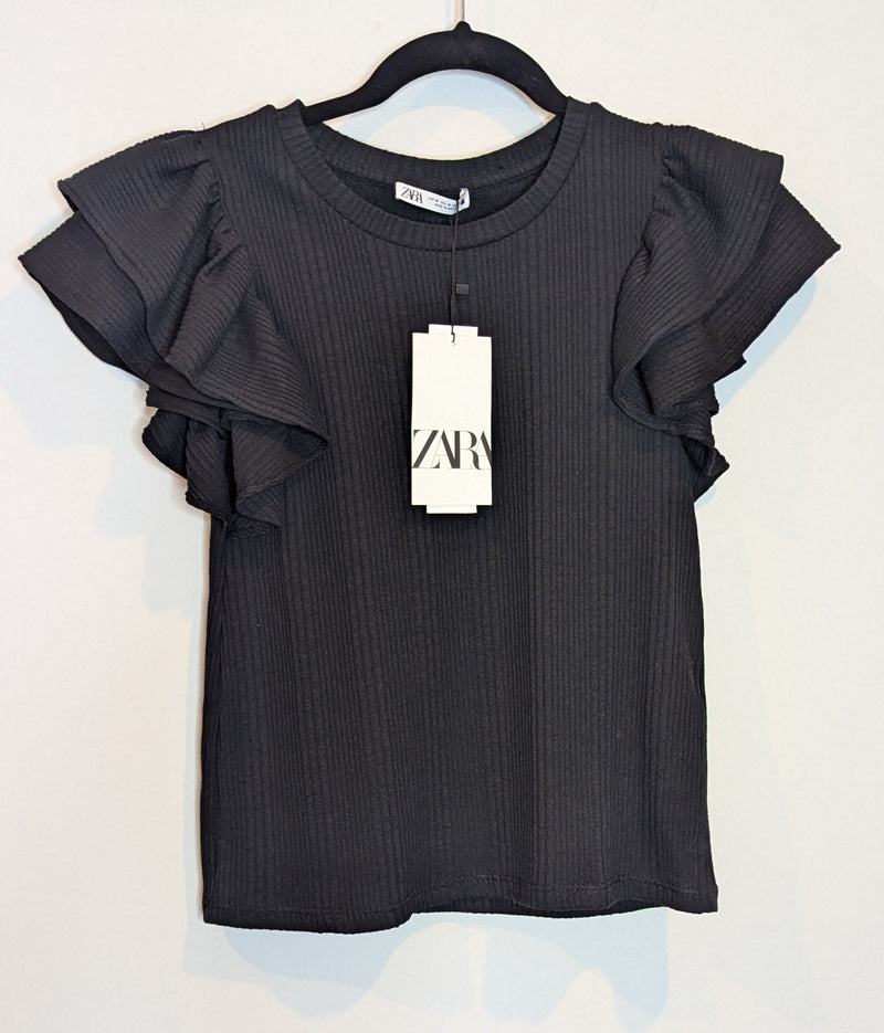 Zara Black Ribbed Ruffle Short Sleeve Frill Top