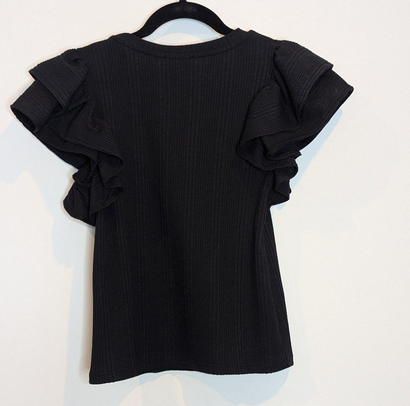 Zara Black Ribbed Ruffle Short Sleeve Frill Top