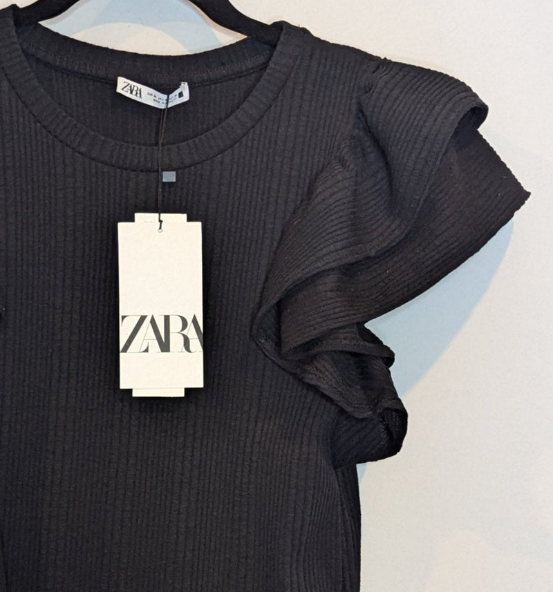 Zara Black Ribbed Ruffle Short Sleeve Frill Top