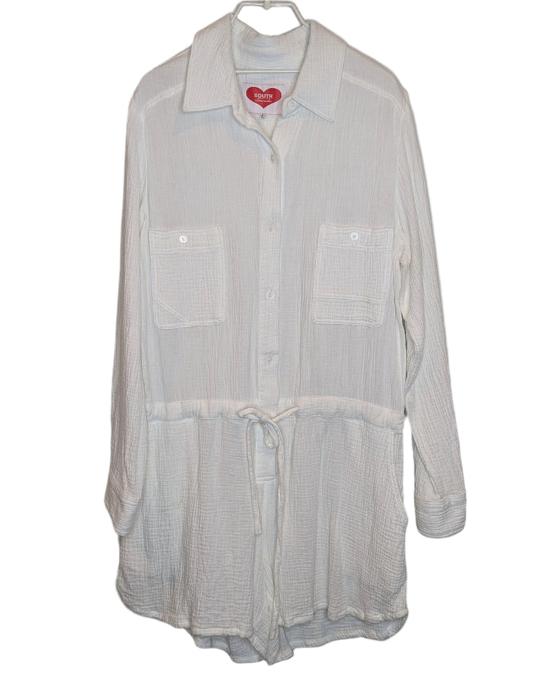 South Of The Border White Textured Linen Playsuit