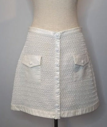 Bec & Bridge Button Detail Pockets Cream Textured Mini A-line Skirt