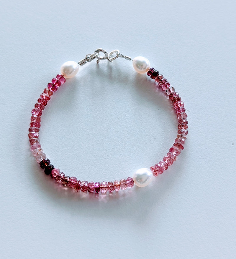 Pink Sapphire, Freshwater Pearl & Sterling Silver Gemstone Beaded Bracelet