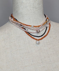 Orange Carnelian Faceted Gemstone, Freshwater Pearl & Sterling Silver Necklace