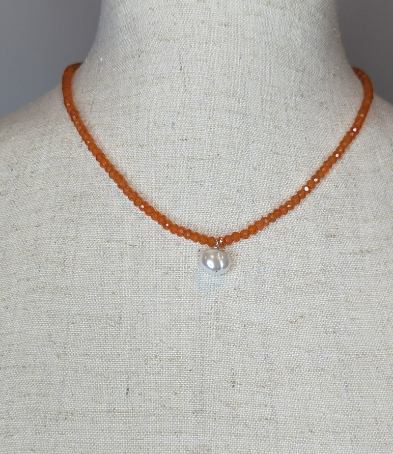 Orange Carnelian Faceted Gemstone, Freshwater Pearl & Sterling Silver Necklace