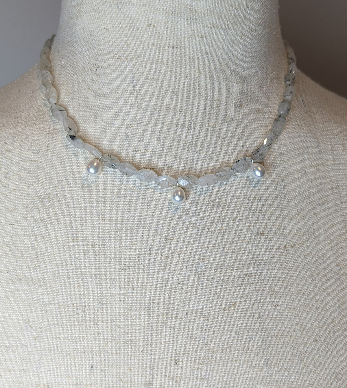  Tourmalinated Quartz Gemstone & Freshwater Pearl Sterling Silver Necklace