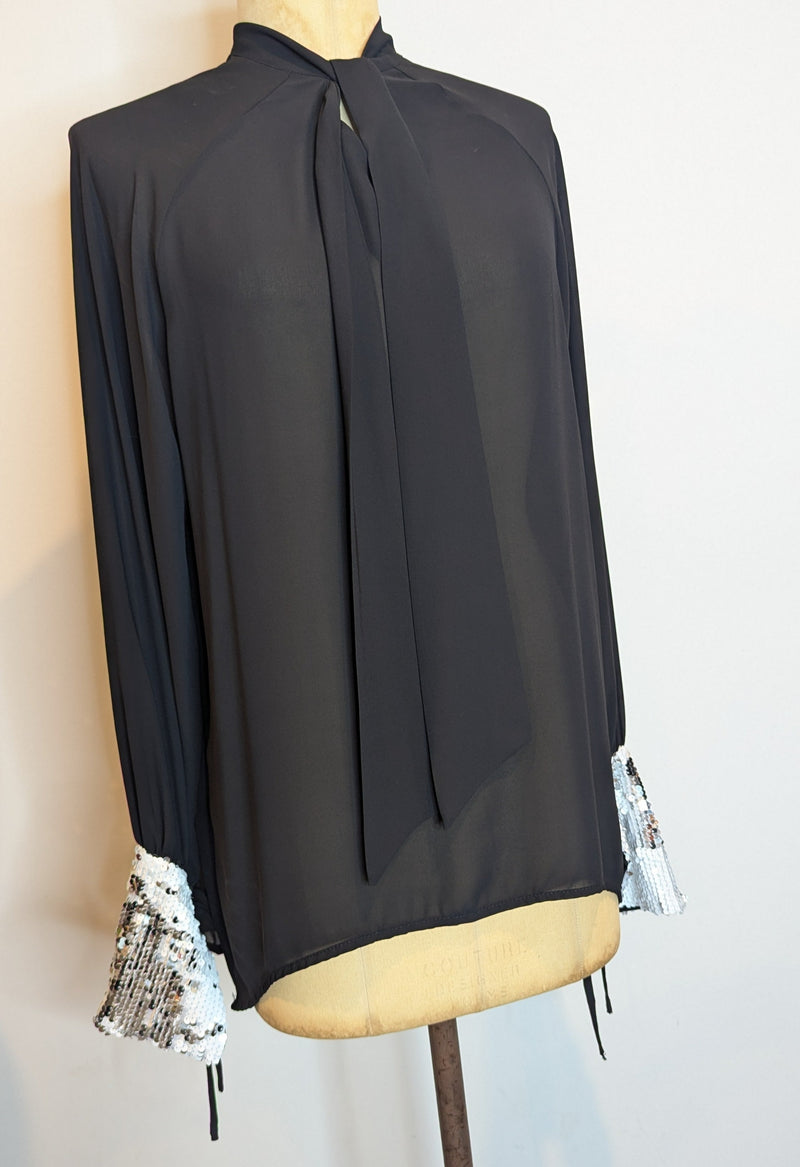 Saint Gil Paris Sheer Black Sequin Cuff Blouse