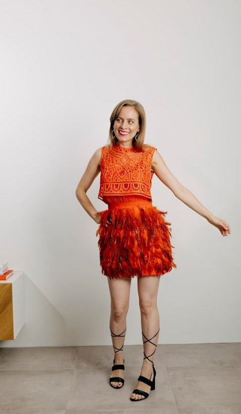 Sass & Bide 2 Piece Ostrich Feather & Battenberg Lace Orange Mini Dress