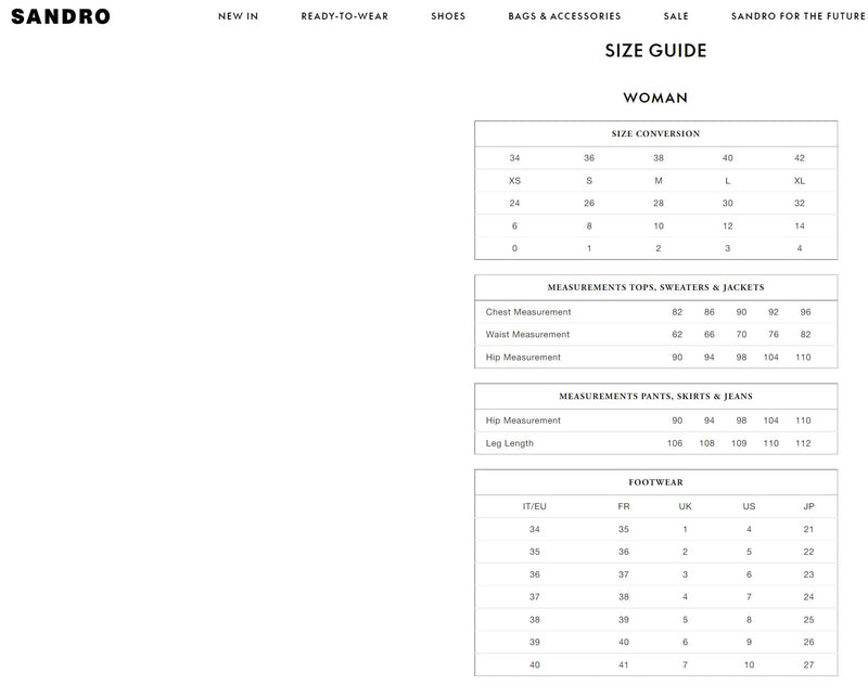 Sandro Paris Size chart