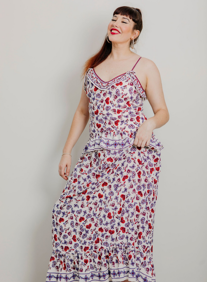 Max Studio London Ruffled Heart Floral Print Maxi Frill Dress Guuci Style