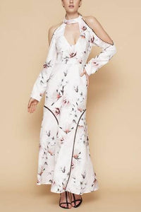 White Suede Floral Plunge Neck Long Maxi Dress