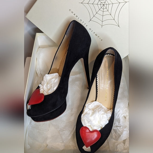 Charlotte Olympia Black Suede Delphine Heart Platform Pumps Heels