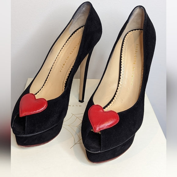 Charlotte Olympia Black Suede Delphine Heart Platform Pumps Heels