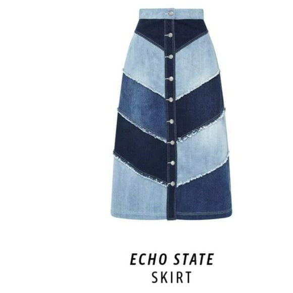 Sass & Bide Denim Patchwork A Line A-Line Midi Skirt