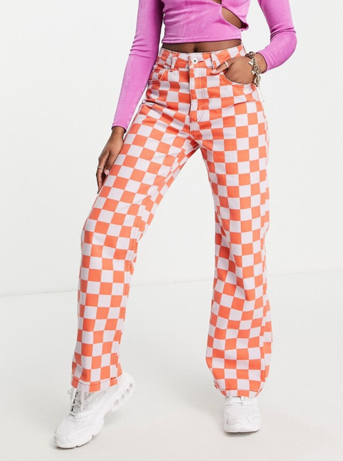 The Ragged Priest Orange & Purple Checkerboard High Rise Staight Dad Jeans