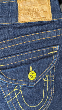 True Religion Low Rise Dark Blue Jeans Yellow Stitch 