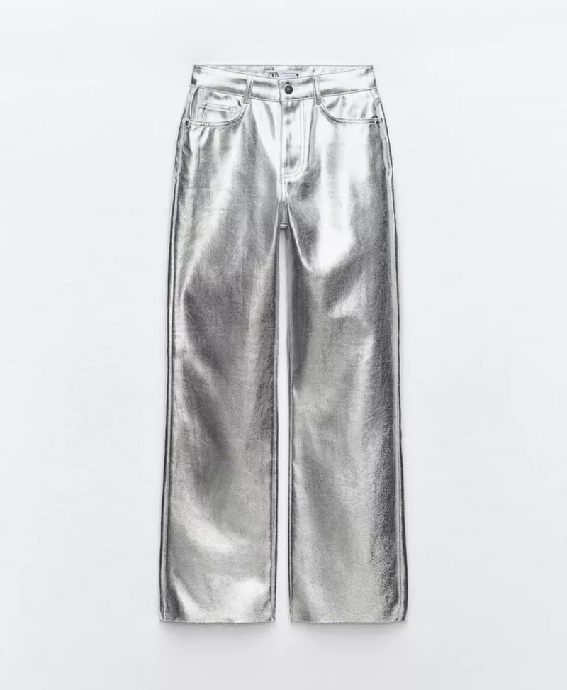 Zara Silver Metallic High Waist Wide Leg Straight Jeans