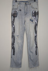 Sass & Bide Mid Rise Bow-Friend Sequin Distressed Jeans