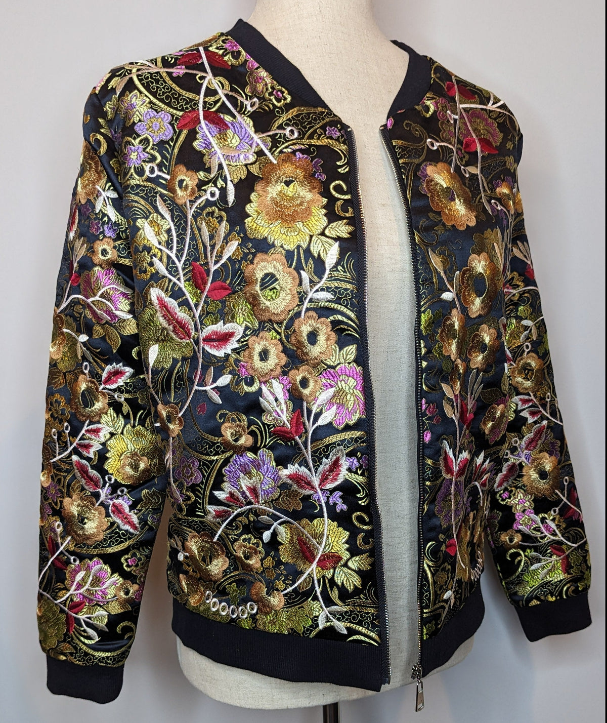 MissKoo Paris Embroidered Floral Metallic Bomber Jacket