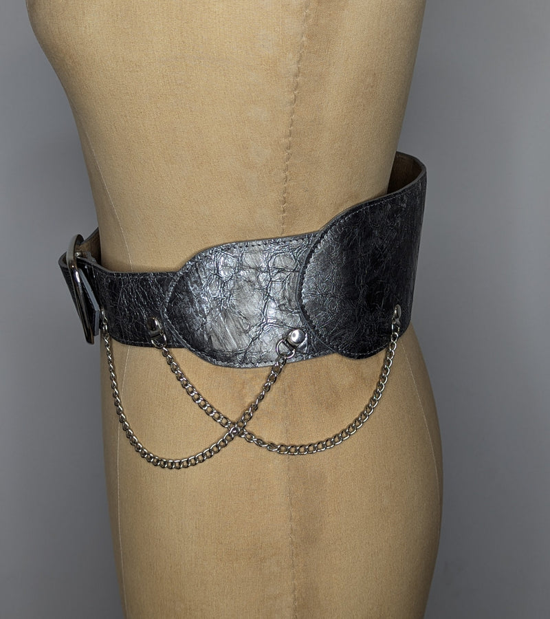 Marnie Skillings Wide Silver Metallic Leather Chain Belt