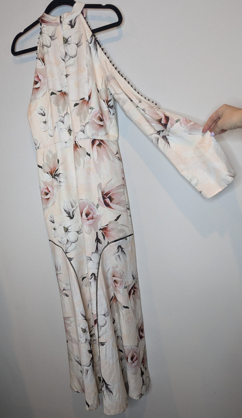 White Suede Floral Plunge Neck Long Maxi Dress