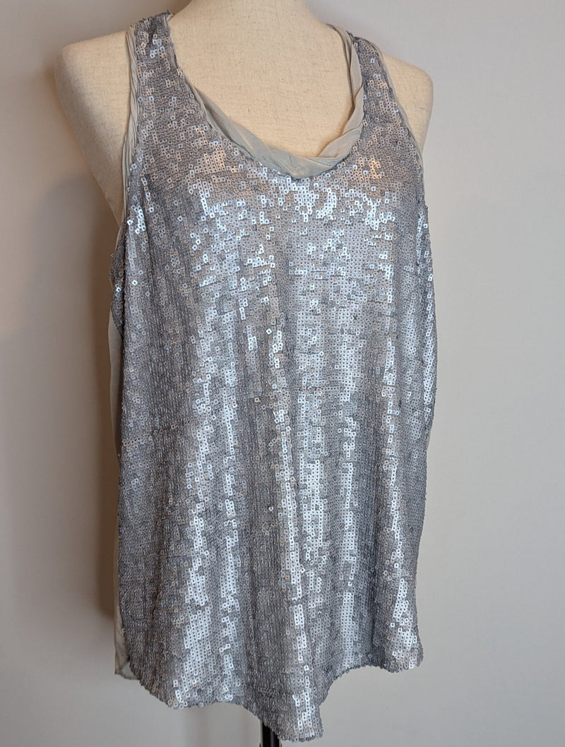 Scanlan & Theodore Silver Sequin Silk Racer Back Tank Top