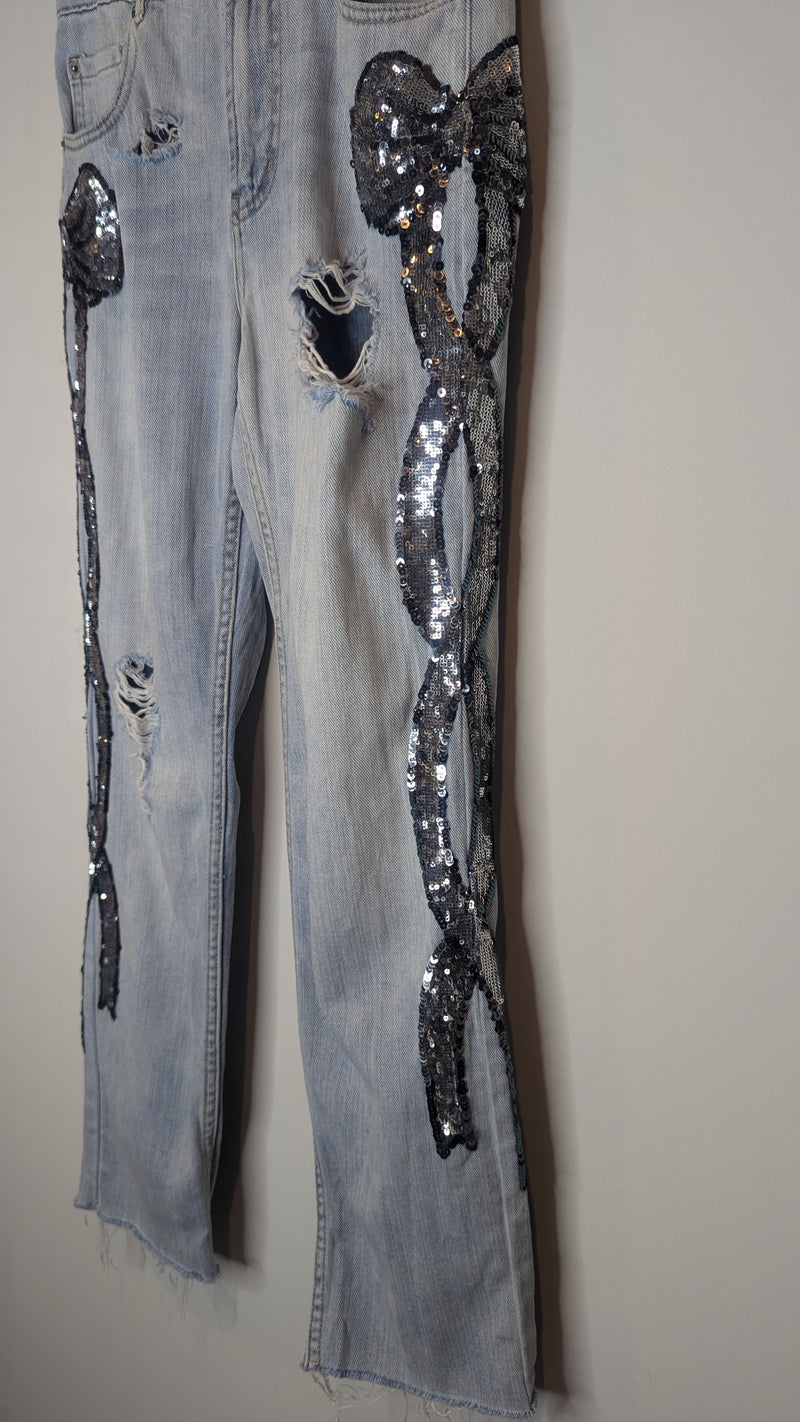 Sass & Bide Mid Rise Bow-Friend Sequin Distressed Jeans