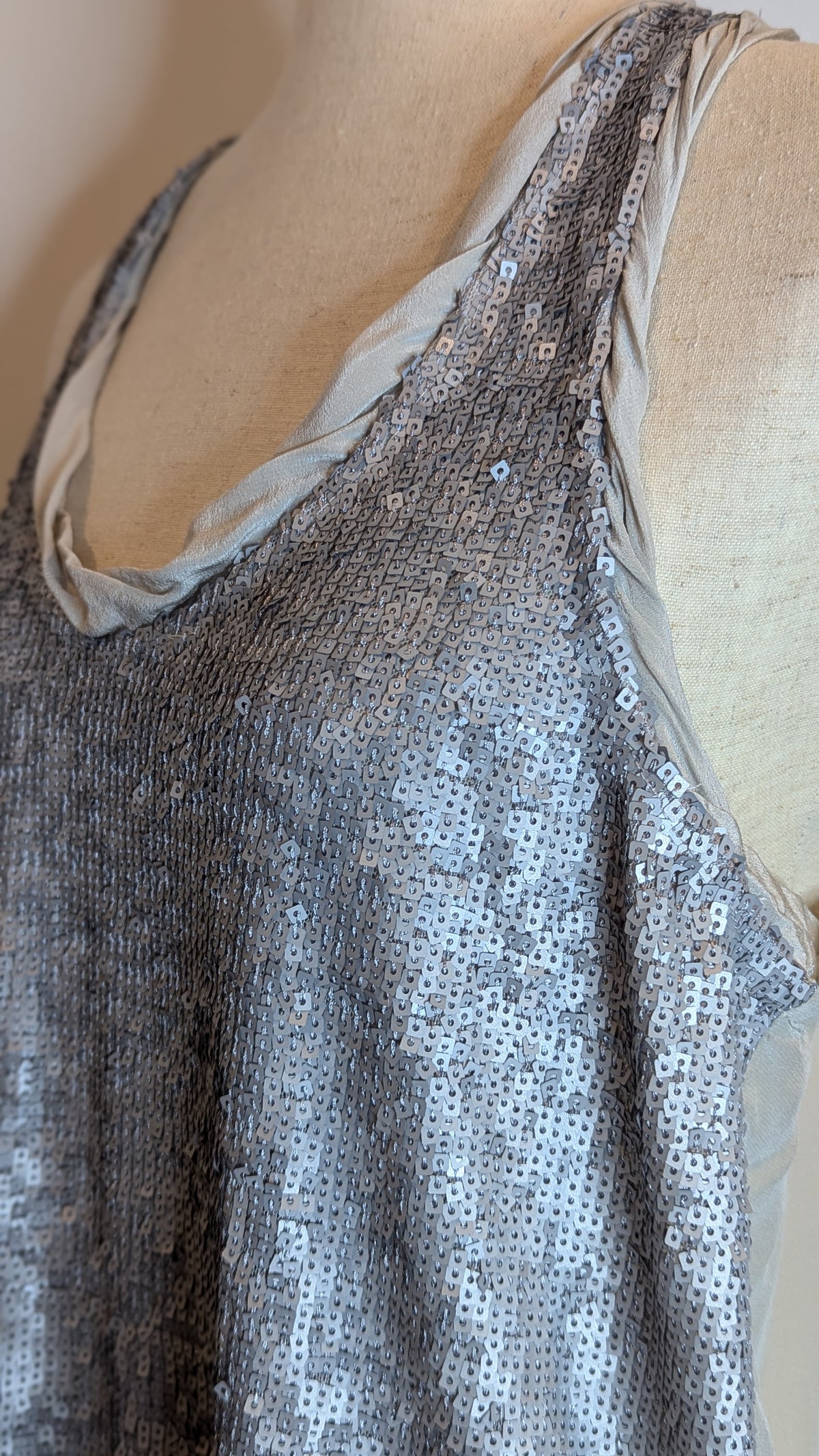 Scanlan & Theodore Silver Sequin Silk Racer Back Tank Top