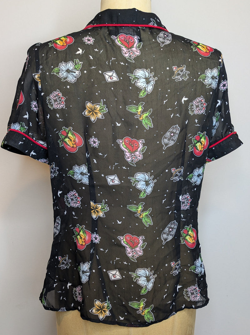 Hell Bunny Lovebird Retro 50s Rockabilly Sheer Tattoo Prints Blouse