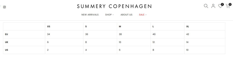 Cecilie Summery Copenhagen Sizechart 