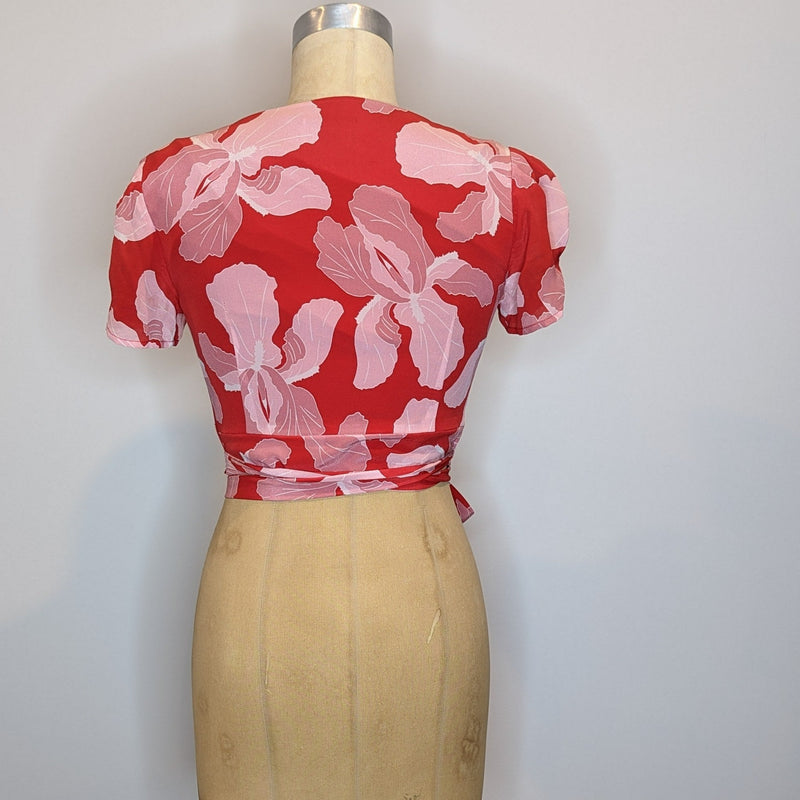 Hansen & Gretel  Pink Red Floral Silk Wrap Crop Top