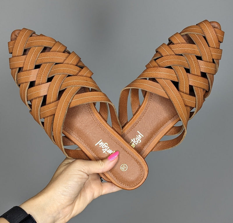 Sportsgirl Tan Crossover Flat Slides