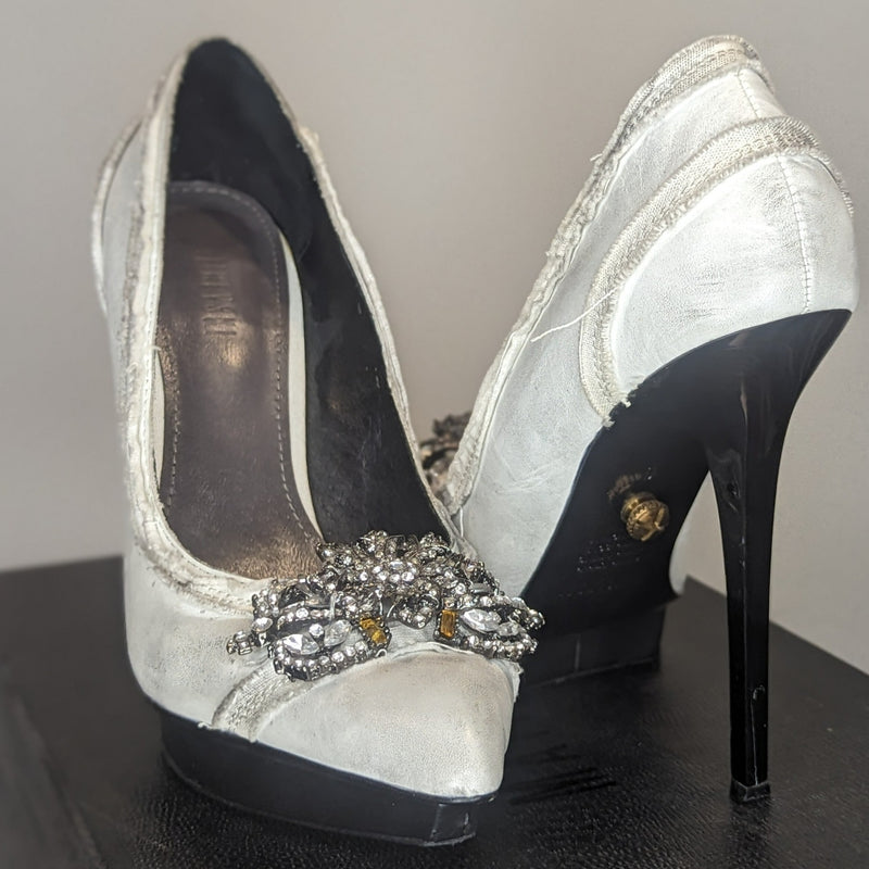 Matichevski Designer Distressed Leather & Diamante Stiletto Platform Heels