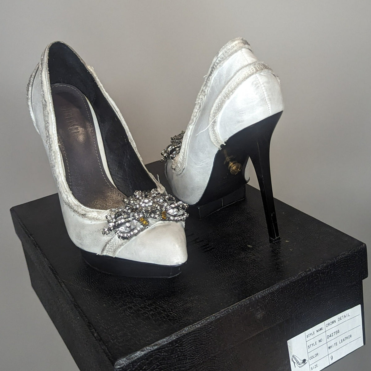 Matichevski Designer Distressed Leather & Diamante Stiletto Platform Heels