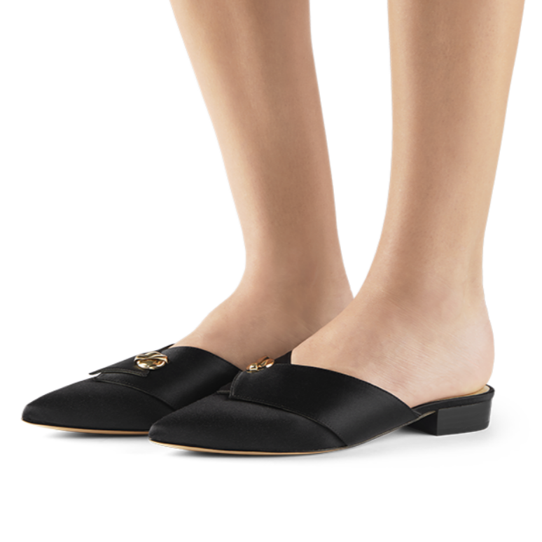 March Muse Black Pointed Toe Slipper Mule Gold Hardware